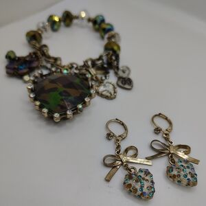 Betsy Johnson Stretch Green With Heart Charm Accents Bracelet